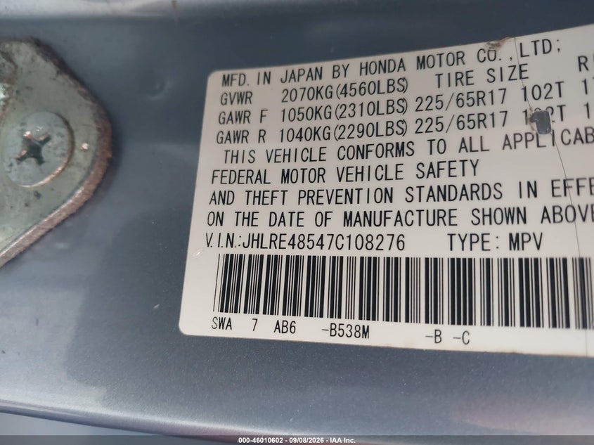 HONDA CR-V 2007 VIN JHLRE48547C108276