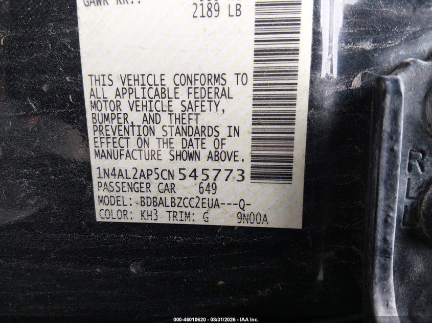 NISSAN ALTIMA 2012 VIN 1N4AL2AP5CN545773
