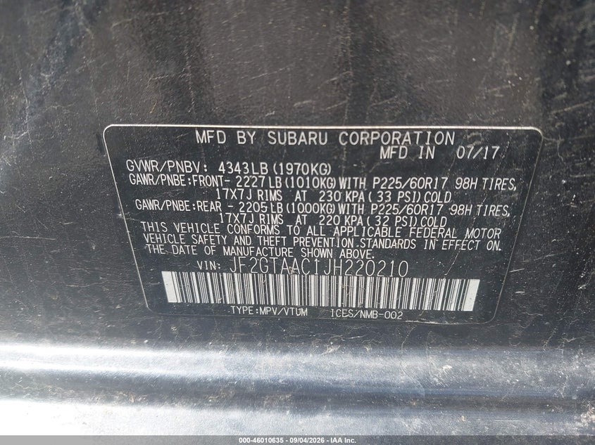 SUBARU CROSSTREK 2018 VIN JF2GTAAC1JH220210