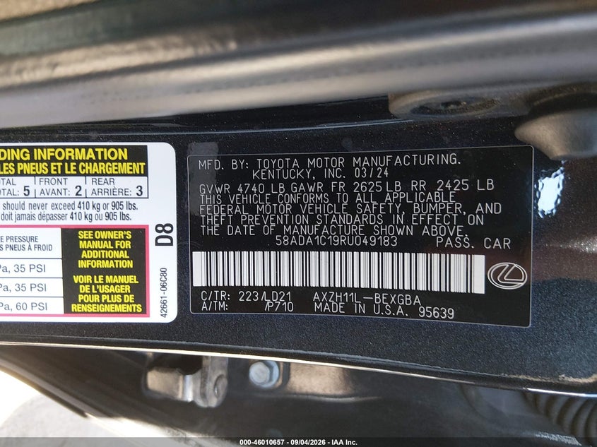 LEXUS ES 300H 2024 VIN 58ADA1C19RU049183