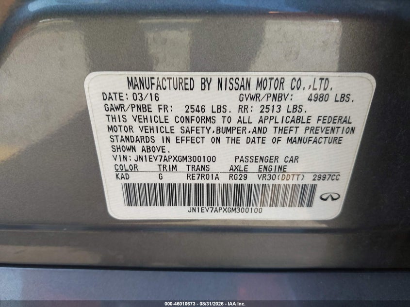 INFINITI Q50 2016 VIN JN1EV7APXGM300100