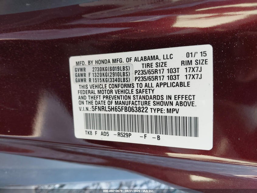 HONDA ODYSSEY 2015 VIN 5FNRL5H65FB063822
