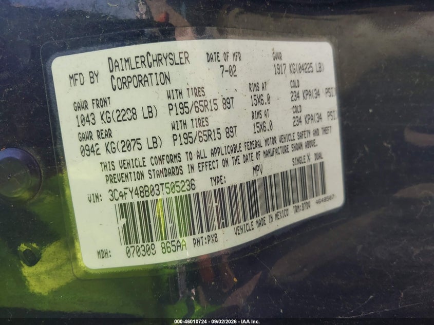 2003 CHRYSLER PT CRUISER SPORT UTILITY VEHICLE 2.4L I-4 DOHC, REGULAR , 150HP