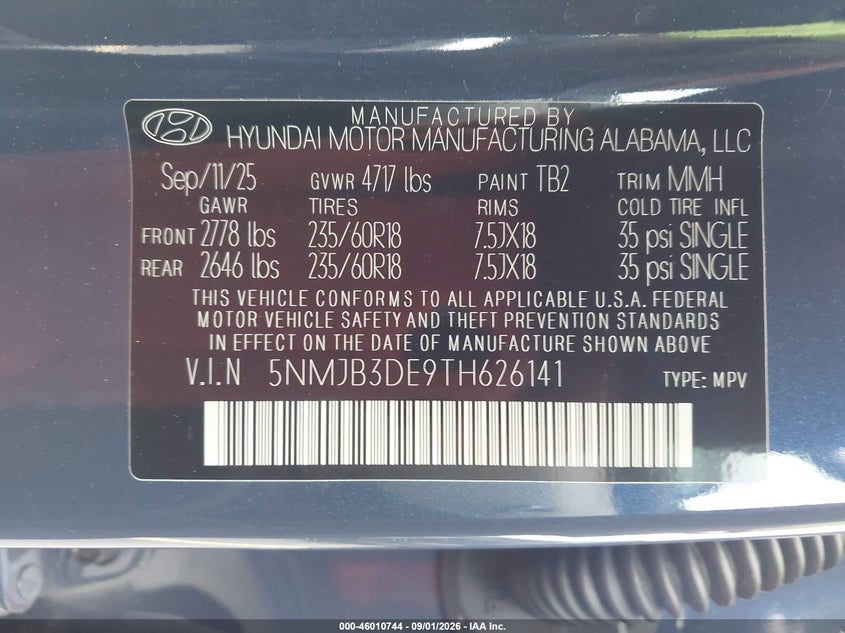 HYUNDAI TUCSON 2026 VIN 5NMJB3DE9TH626141