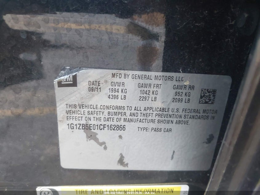 CHEVROLET MALIBU 2012 VIN 1G1ZB5E01CF162866