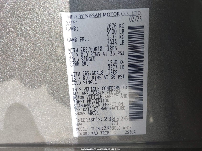 NISSAN PATHFINDER 2025 VIN 5N1DR3BD1SC238526