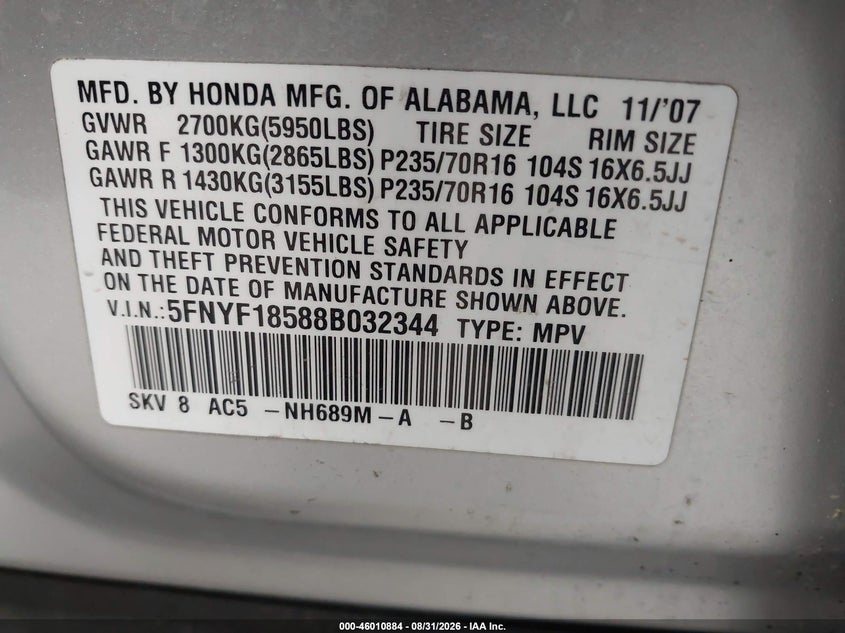 HONDA PILOT 2008 VIN 5FNYF18588B032344