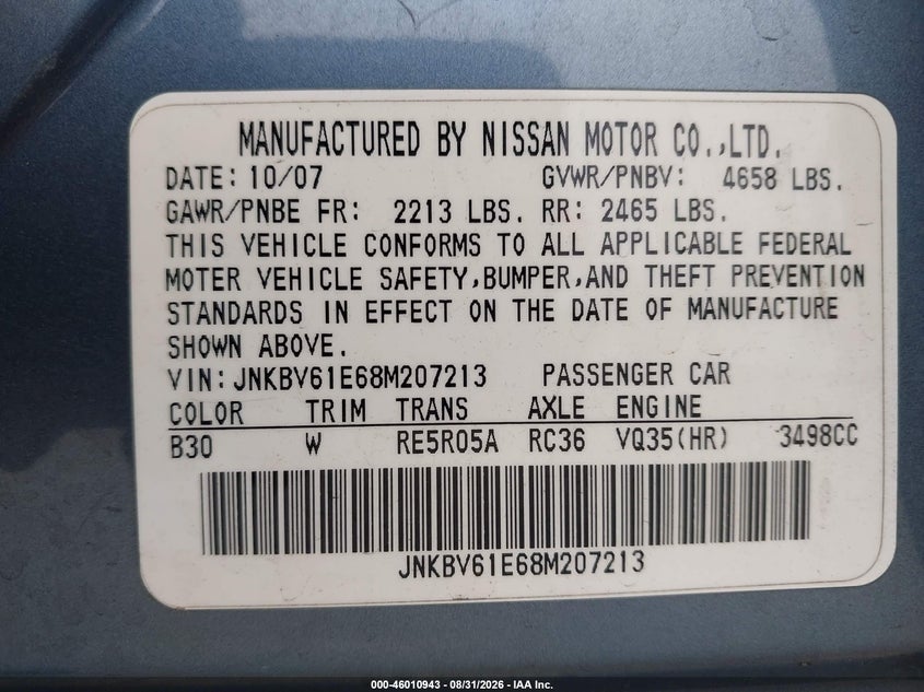 INFINITI G35 2008 VIN JNKBV61E68M207213