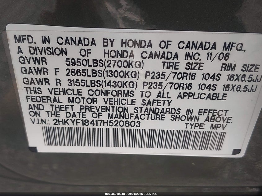 2007 HONDA PILOT SPORT UTILITY VEHICLE 3.5L V-6 VVT, REGULAR , 244HP