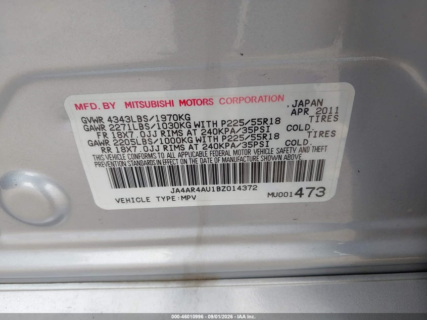 MITSUBISHI OUTLANDER SPORT 2011 VIN JA4AR4AU1BZ014372