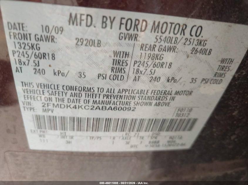 FORD EDGE 2010 VIN 2FMDK4KC2ABA60092