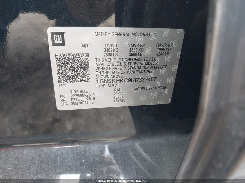 CHEVROLET SUBURBAN 2019 VIN 1GNSKHKC9KR337457