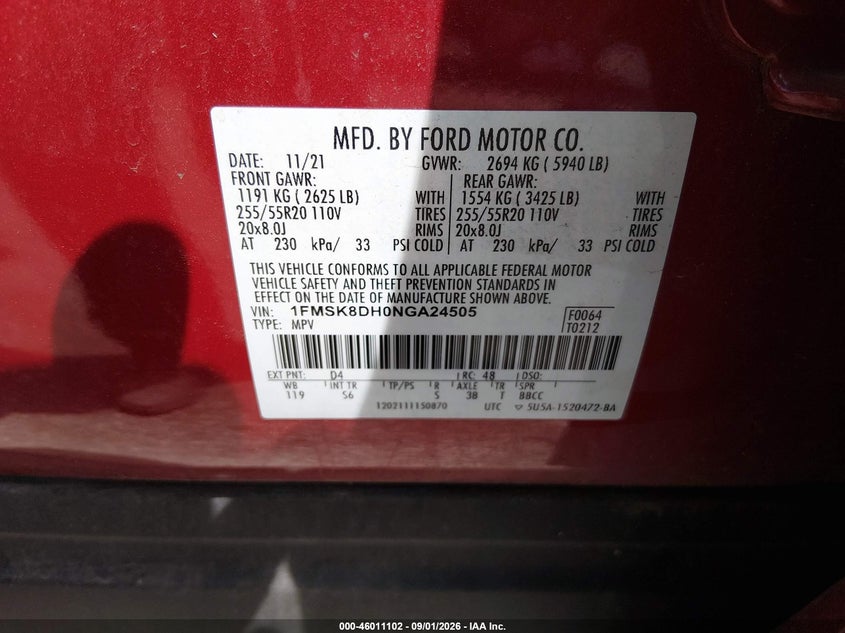 FORD EXPLORER 2022 VIN 1FMSK8DH0NGA24505