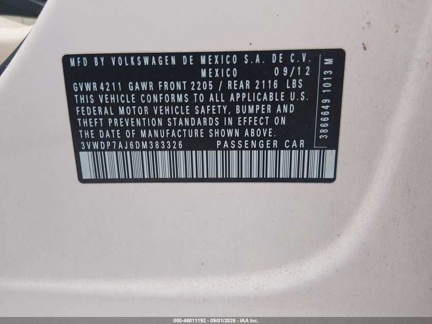 VOLKSWAGEN JETTA 2013 VIN 3VWDP7AJ6DM383326