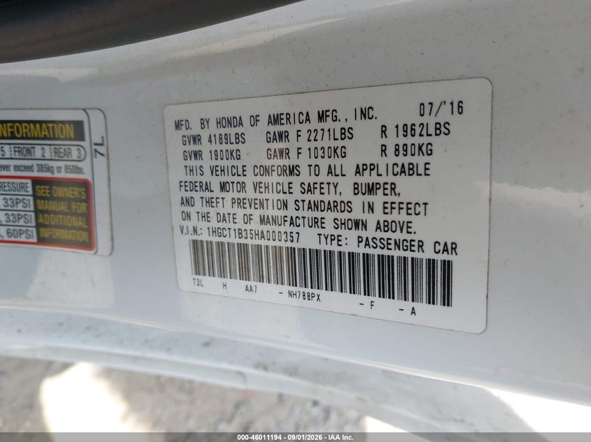 HONDA ACCORD 2017 VIN 1HGCT1B35HA000357