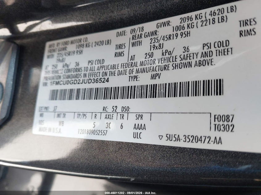 2018 FORD ESCAPE SPORT UTILITY VEHICLE 1.5L I-4 DI, DOHC, VVT, TURBO, REGULAR , 179HP