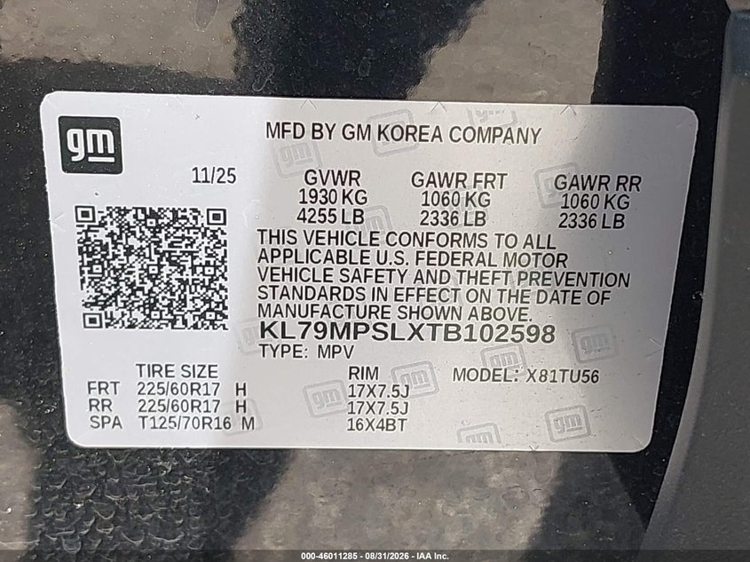 CHEVROLET TRAILBLAZER 2026 VIN KL79MPSLXTB102598