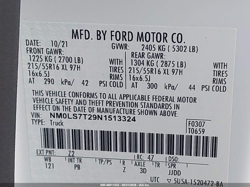 2022 FORD TRANSIT VAN 2.0L I-4 DI, DOHC, VVT, REGULAR , 162HP