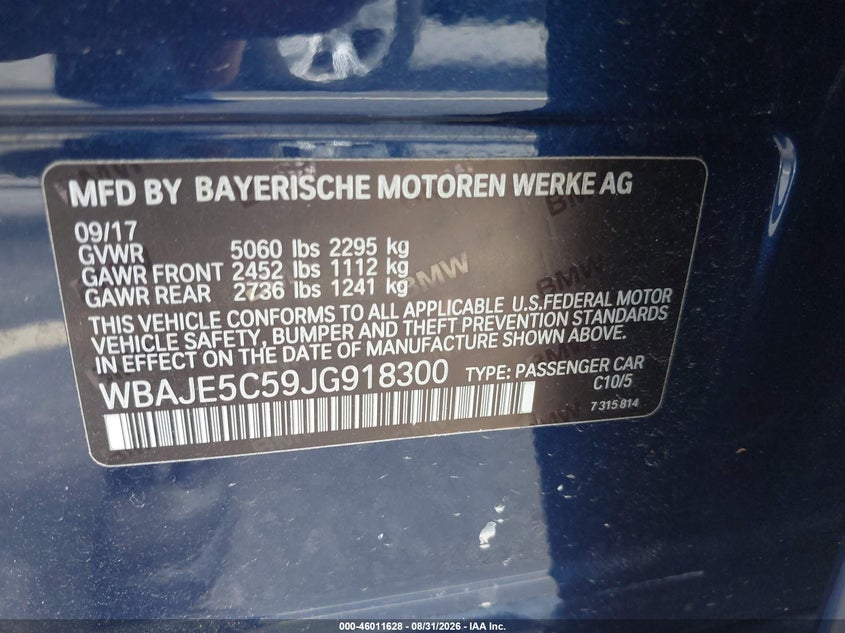 BMW 540I 2018 VIN WBAJE5C59JG918300