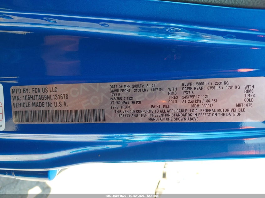 JEEP GLADIATOR 2022 VIN 1C6HJTAG9NL131678