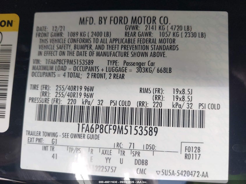 FORD MUSTANG 2021 VIN 1FA6P8CF9M5153589