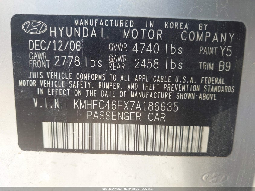 HYUNDAI AZERA 2007 VIN KMHFC46FX7A186635