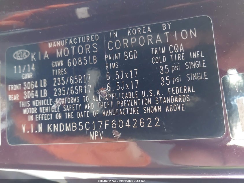 KIA SEDONA 2015 VIN KNDMB5C17F6042622