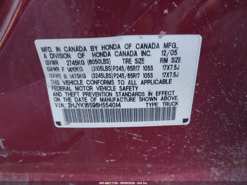 HONDA RIDGELINE 2006 VIN 2HJYK16596H554014