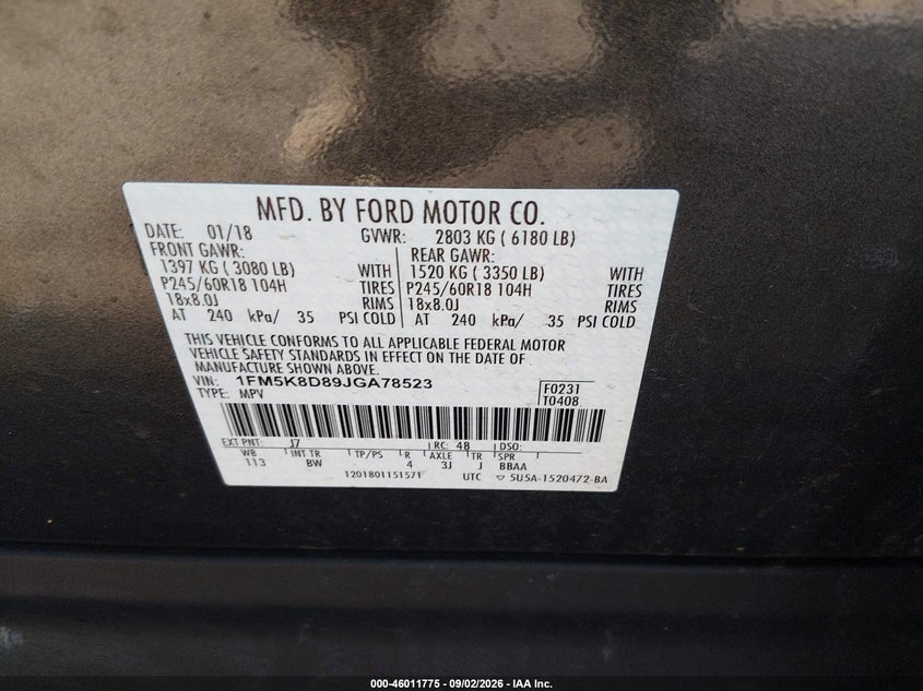 FORD EXPLORER 2018 VIN 1FM5K8D89JGA78523