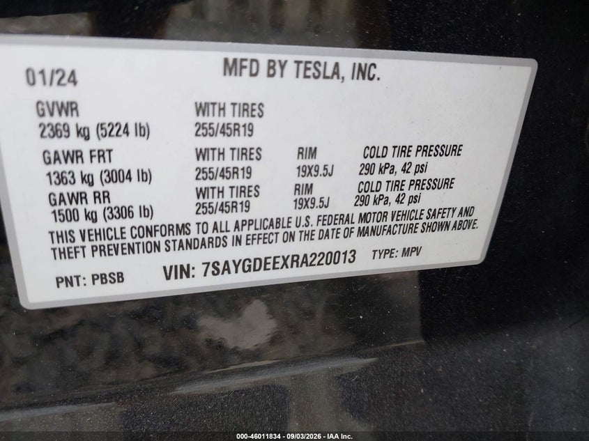 TESLA MODEL Y 2024 VIN 7SAYGDEEXRA220013