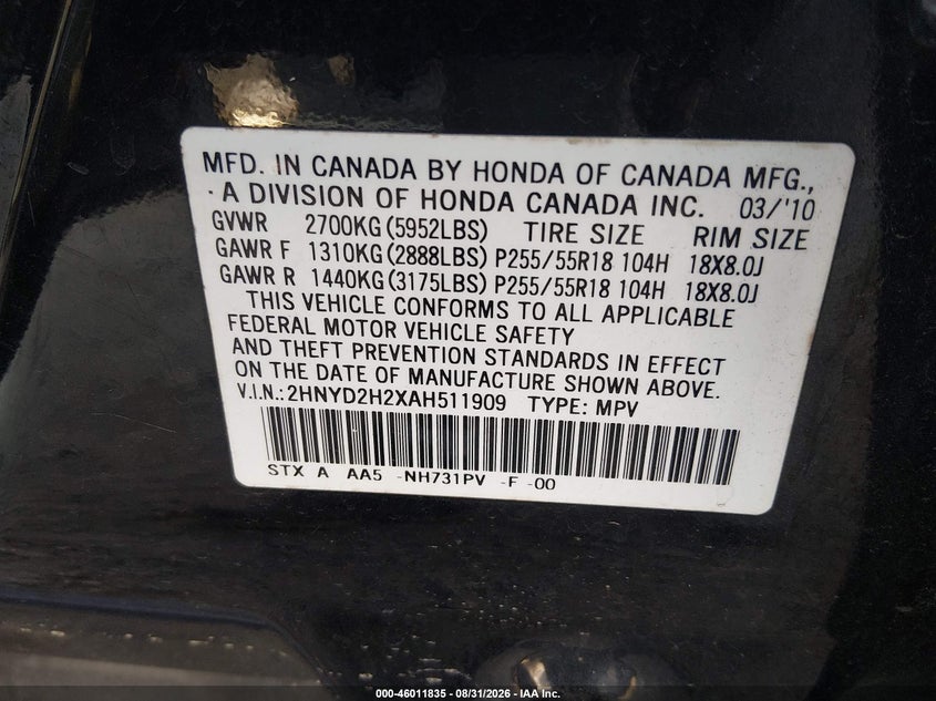 ACURA MDX 2010 VIN 2HNYD2H2XAH511909