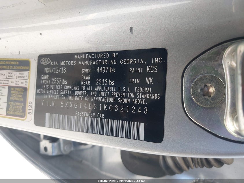 KIA OPTIMA 2019 VIN 5XXGT4L31KG321243