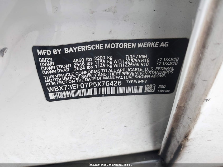 BMW X1 2023 VIN WBX73EF07P5X76426