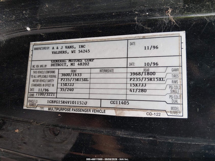 CHEVROLET EXPRESS G1500 1997 VIN 1GBFG15R4V1011527