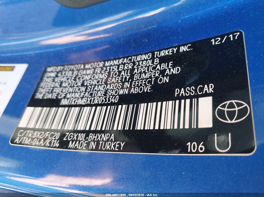 TOYOTA C-HR 2018 VIN NMTKHMBX1JR053340