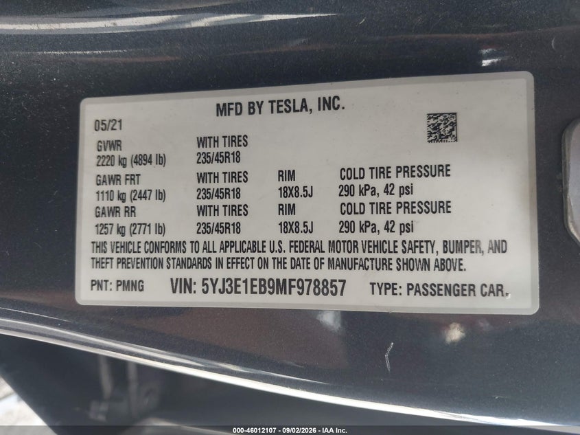 TESLA MODEL 3 2021 VIN 5YJ3E1EB9MF978857