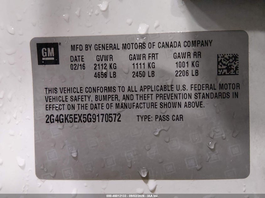 BUICK REGAL 2016 VIN 2G4GK5EX5G9170572