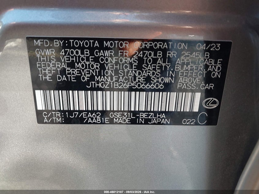 LEXUS IS 350 2023 VIN JTHGZ1B26P5066606