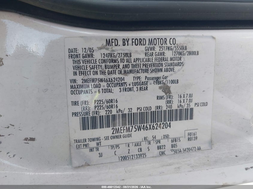 MERCURY GRAND MARQUIS 2006 VIN 2MEFM75W46X624204