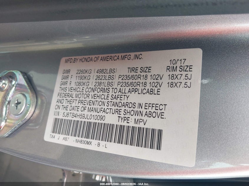 ACURA RDX 2018 VIN 5J8TB4H59JL010090