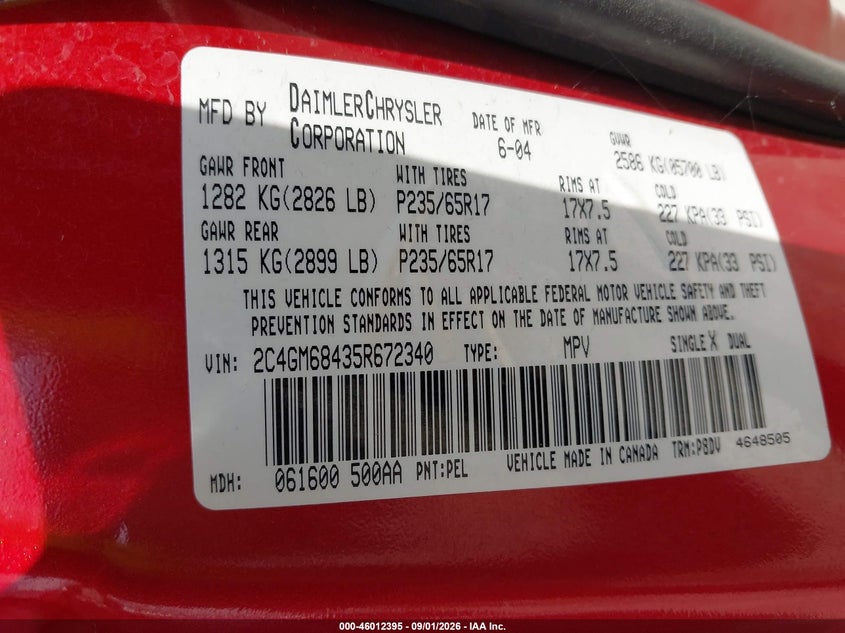 CHRYSLER PACIFICA 2005 VIN 2C4GM68435R672340