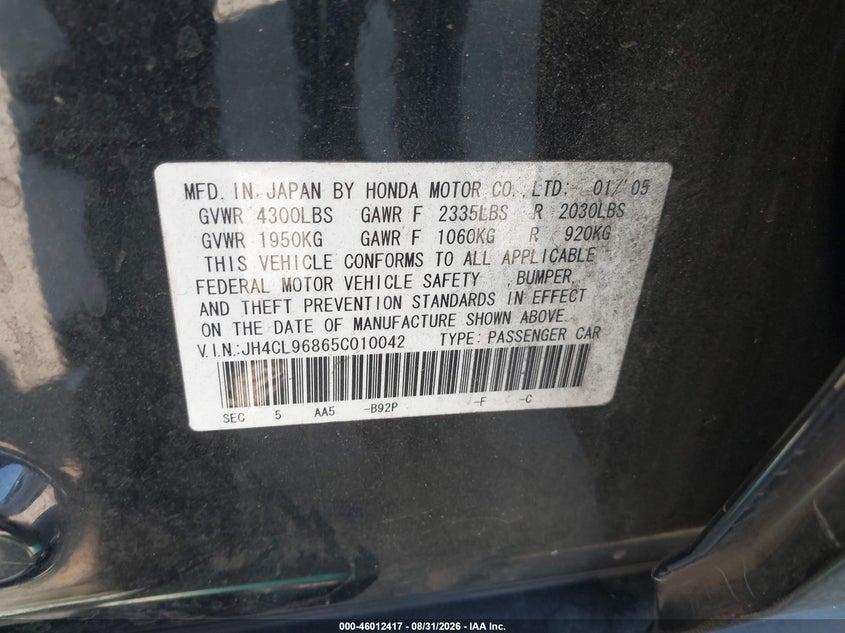 ACURA TSX 2005 VIN JH4CL96865C010042