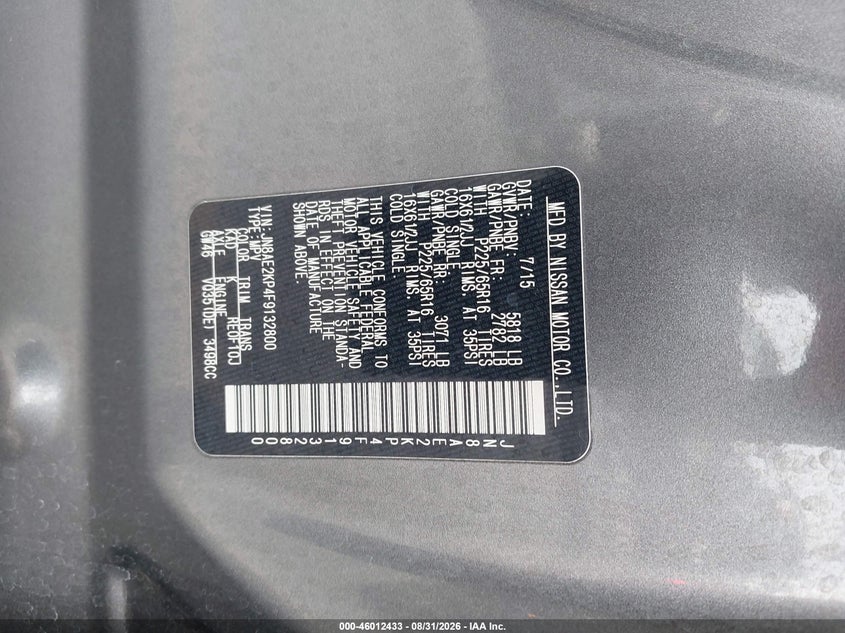 NISSAN QUEST 2015 VIN JN8AE2KP4F9132800