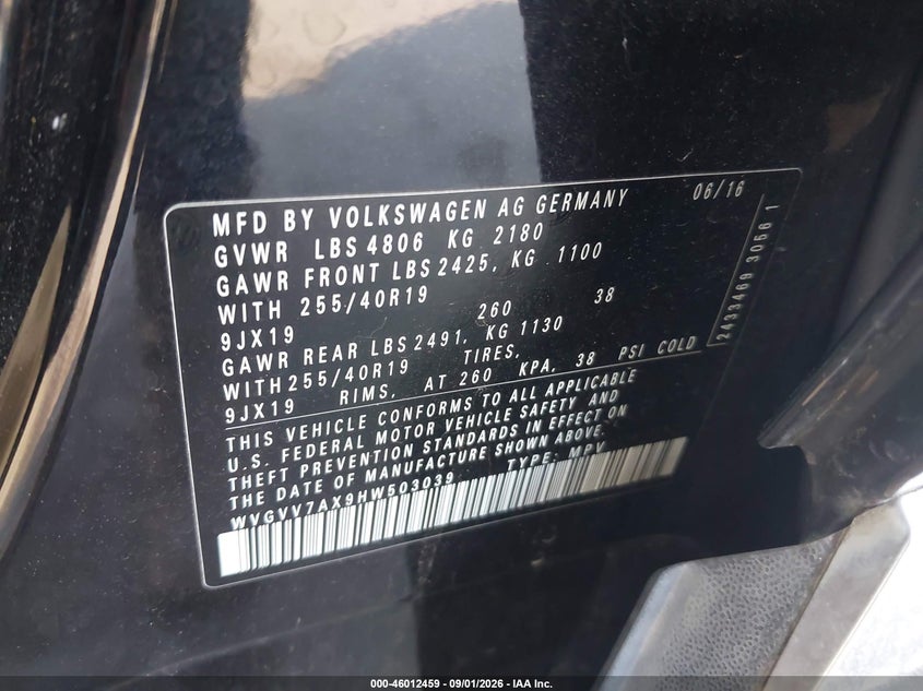 VOLKSWAGEN TIGUAN 2017 VIN WVGVV7AX9HW503039