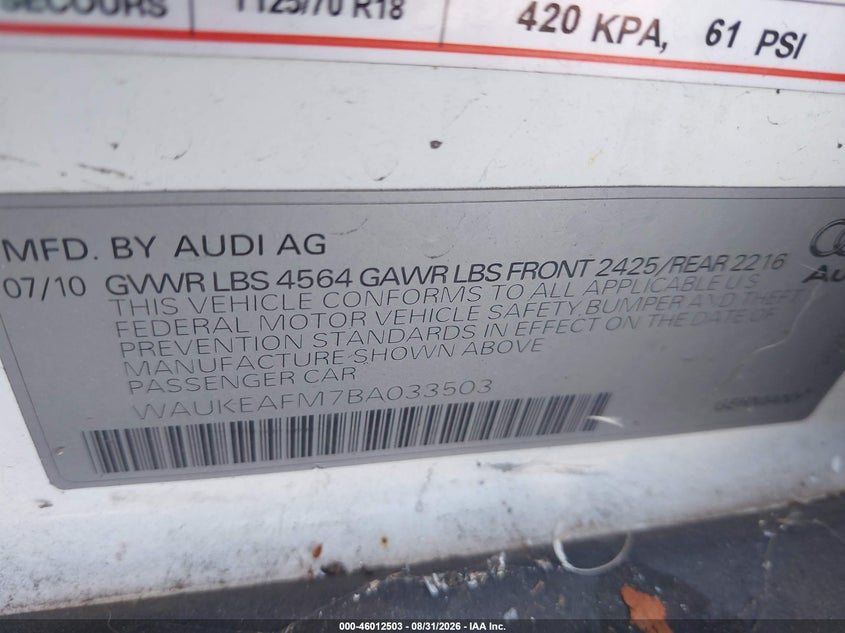 2011 AUDI A3 HATCHBACK 2.0L I-4 DI, DOHC, VVT, TURBO, PREMIUM , 200HP