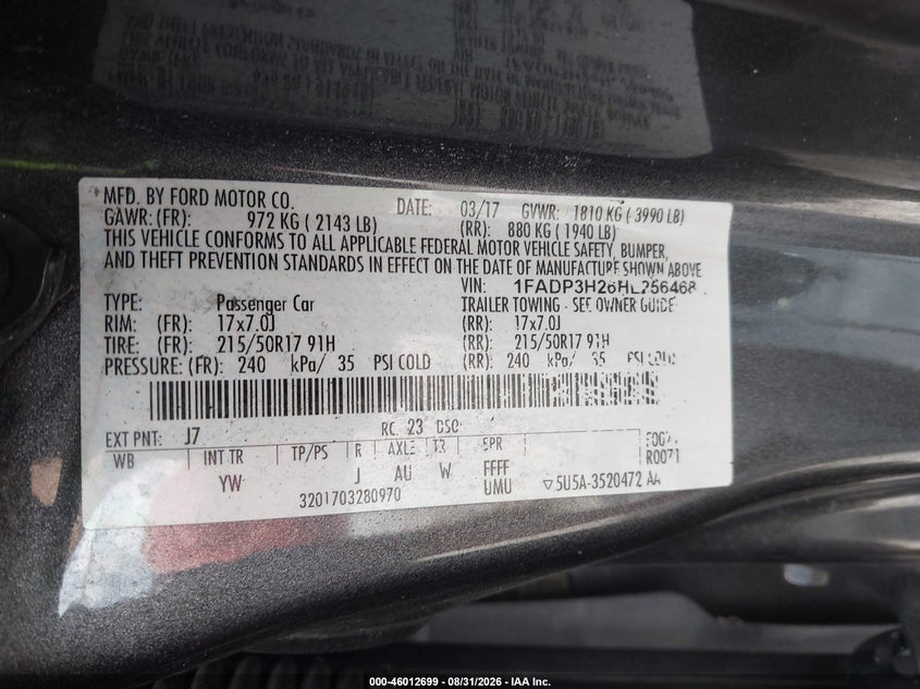 2017 FORD FOCUS SEDAN 2.0L I-4 DI, DOHC, VVT, REGULAR , 160HP