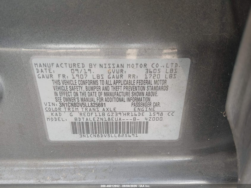 NISSAN VERSA 2020 VIN 3N1CN8DV5LL825691