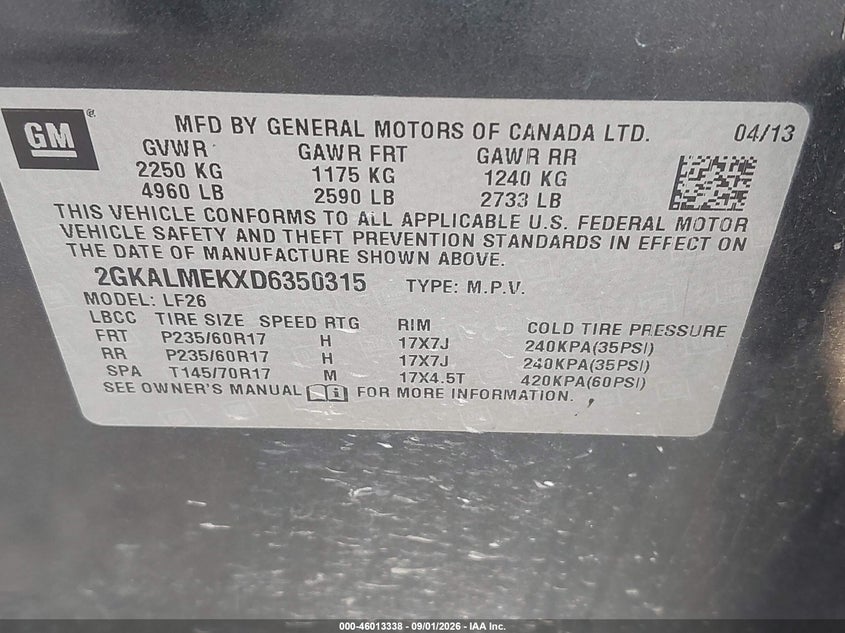 GMC TERRAIN 2013 VIN 2GKALMEKXD6350315