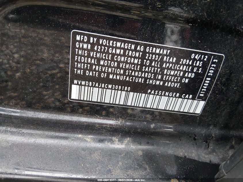 VOLKSWAGEN GOLF 2012 VIN WVWDB7AJ8CW309180