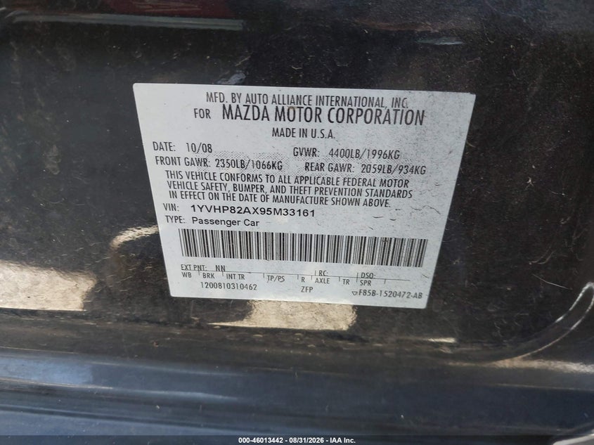 2009 MAZDA 6 SEDAN 2.5L I-4 DOHC, VVT, REGULAR , 168HP